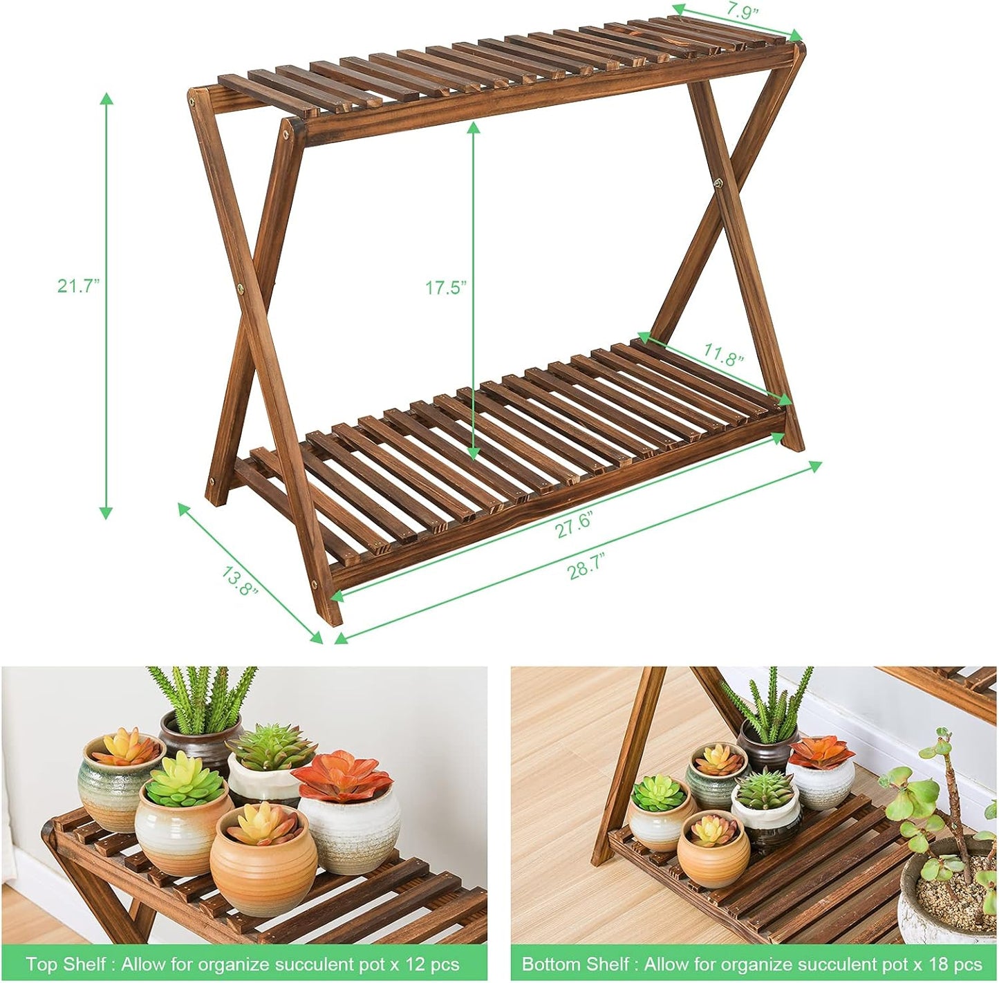 Wooden Plant Stand Indoor 2 Tier Narrow Plant Stand Outdoor Plant Shelf Display Rack Corner Flower Rack Stand for Living Room Garden Patio Balcony (X-Cross Design)