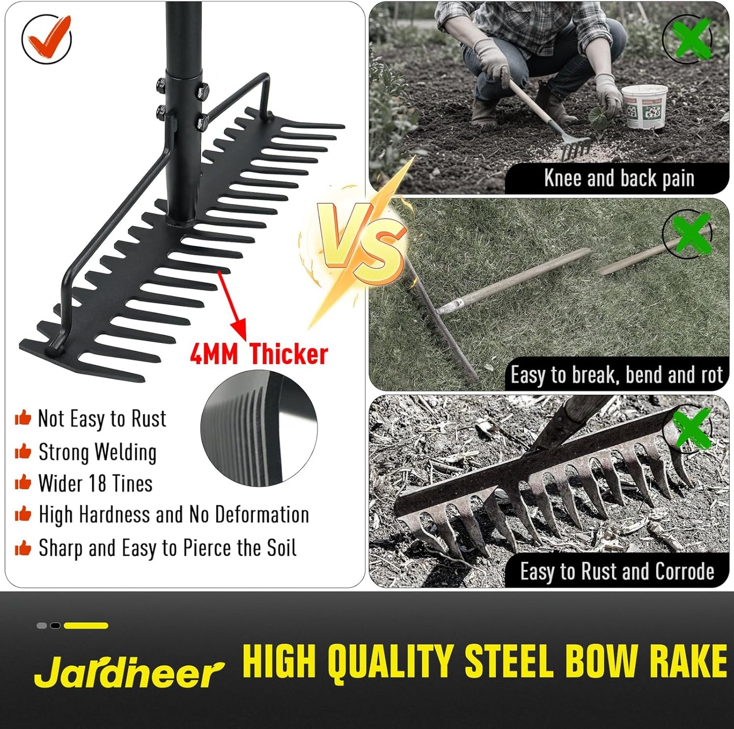 Jardineer Bow Rake Heavy Duty, Long Handle Metal Rakes for Gravel, Rocks, Lawns Leaves, Soil Leveling, Landscaping, Garden Rake with 18 Steel Tines (59 Inches)