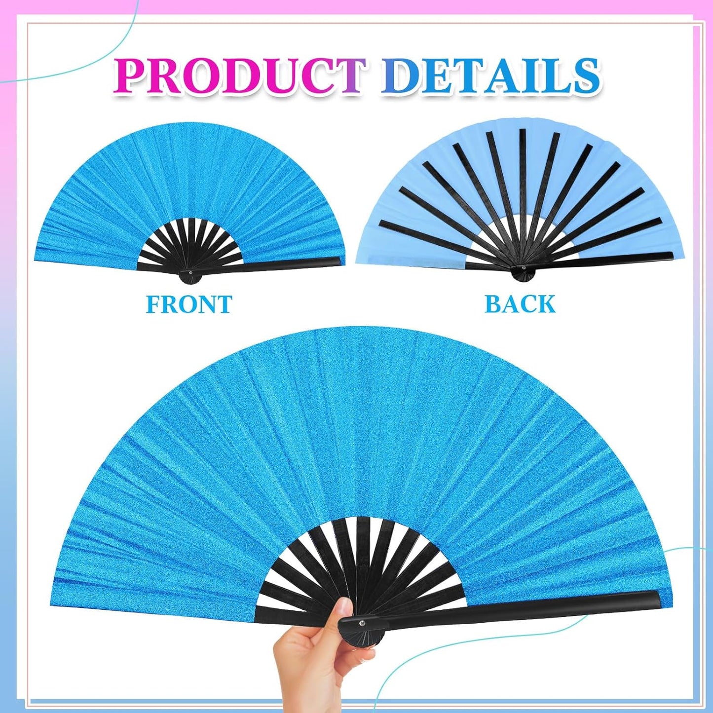 Maitys 2 Packs Large Clap Fans for Line Dancing Large Chinese Folding Hand Fans for Men and Women, Festival, Tai Ji, Kungfu, Martial Art, Gifts (Glitter Rose Red and Blue)