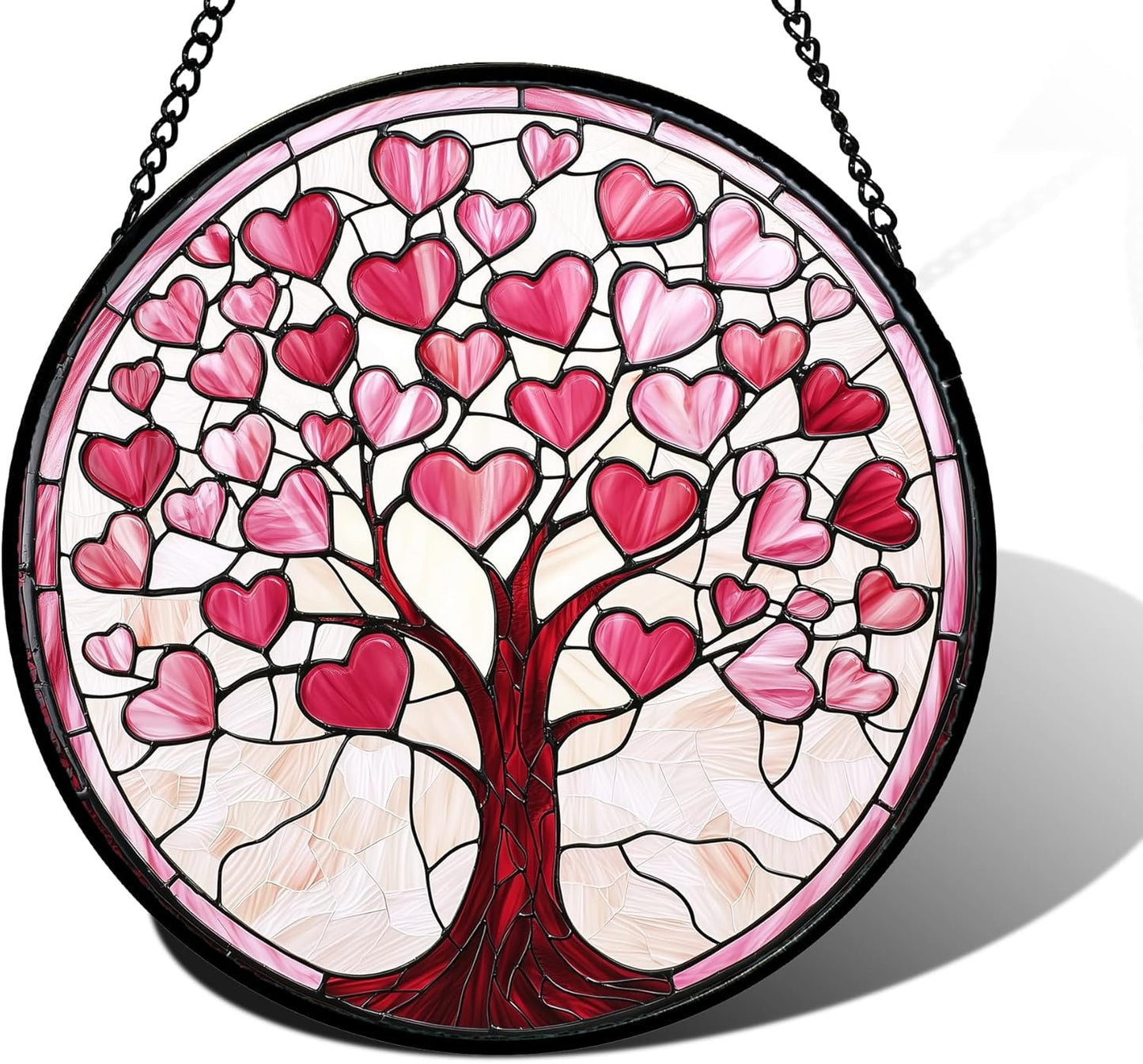 Stained Glass Window Hanging, Pink Love Heart Tree Suncatcher Hangings Beige Sun Catchers Decor for Birthday Holiday for Women, Men, Wife, Aunt, Mom 11.8IN