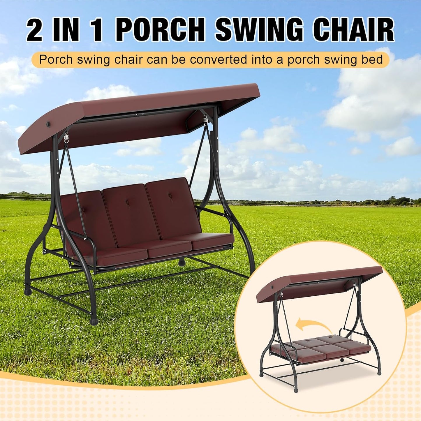 3 in 1 Porch Swing Chair with Adjustable Canopy Cover & Replacement Cushions, 3 Seat Patio Swings Bed with Heavy Duty Stand for Outdoor Backyard, Pools, Garden, Brown