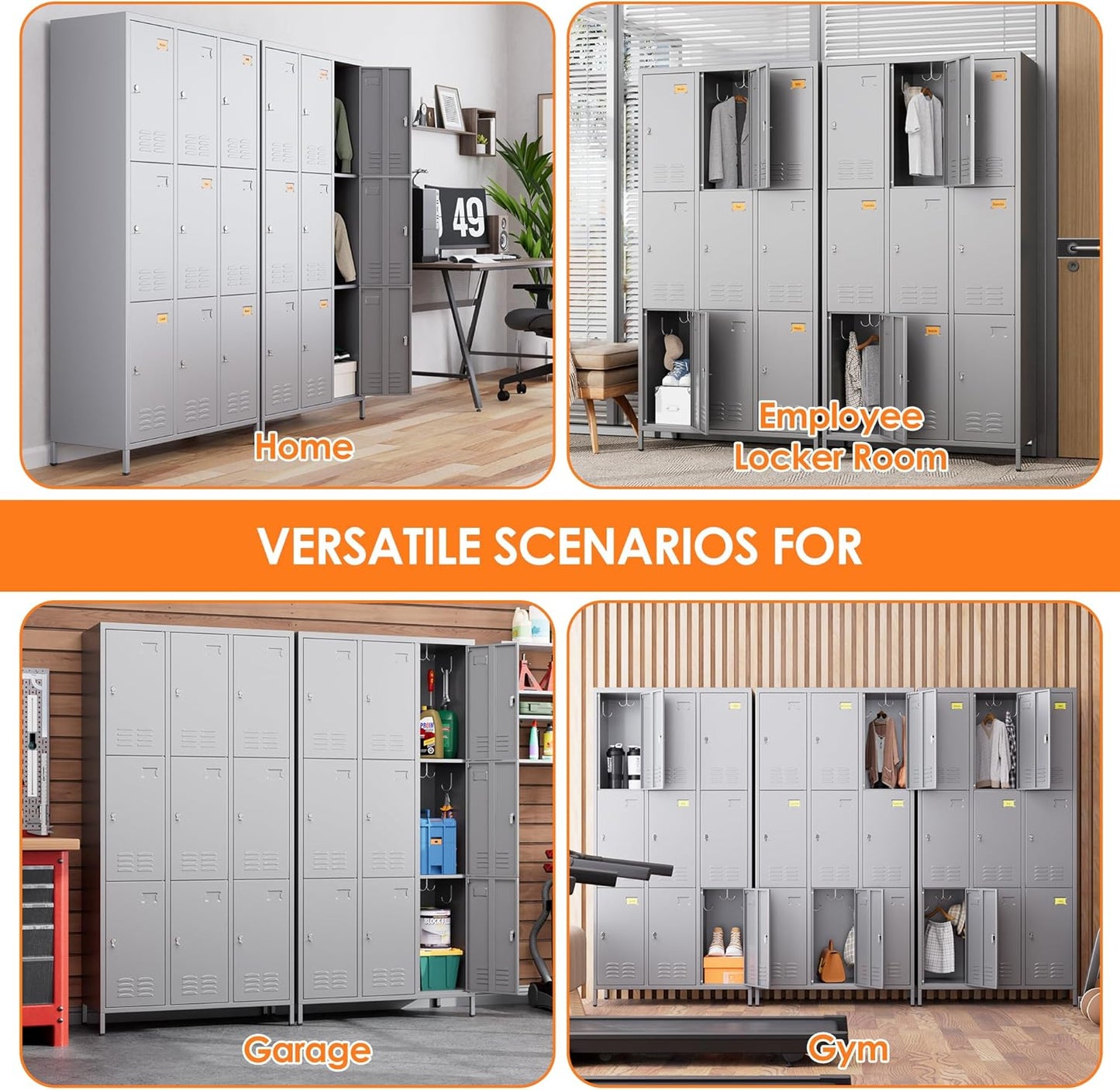 Aobabo Metal Storage Locker for Employees, 9 Doors Lockable Steel Locker with 27 Hooks and 9 Name Card Slot for School Office Gym, Light Grey, Assembly Required