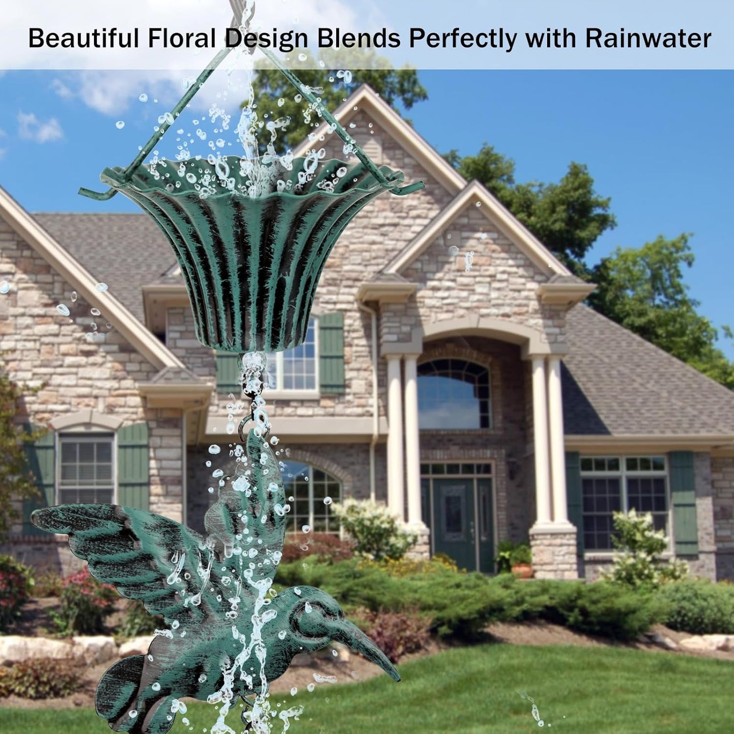 Rain Chain 8 FT,Wrought Iron Rain Chains for Gutters,Rain Chains for Outside with Hummingbird and Cup Rain Chains,Rainwater Catcher Chain, Outdoor Garden Decor(Antique Blue)