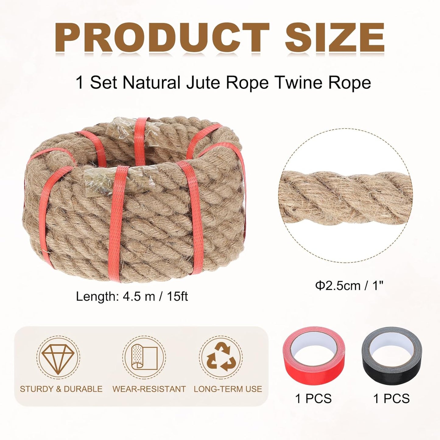 MECCANIXITY Jute Rope 1 Inch x 15ft, Thick Twine Rope Ropes Braided Jute Twine Natural Brown Burlap Cord String Heavy Twisted with Tapes for Decorative Crafts Railing Swing Tug of War