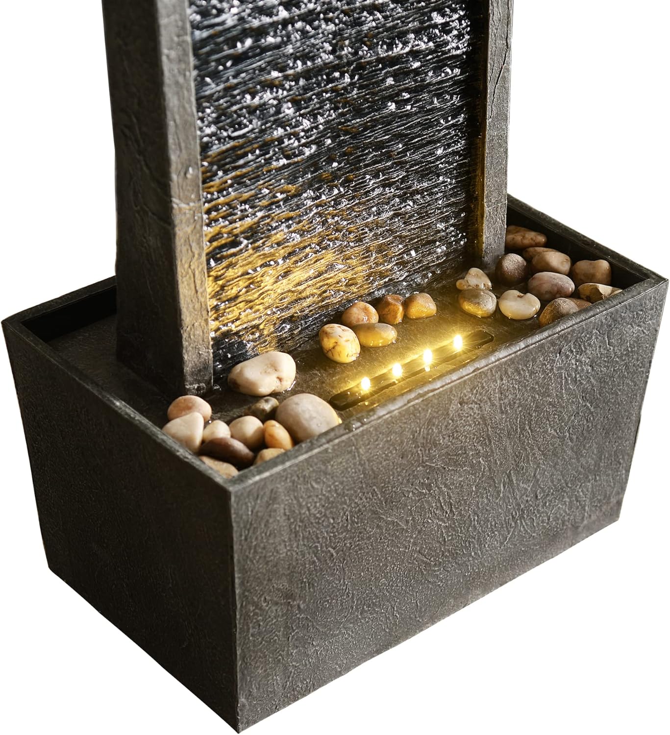 Teamson Home 38.5" Faux Slate Contemporary Outdoor LED Waterfall Fountain with Pebble Base, Gray/Black
