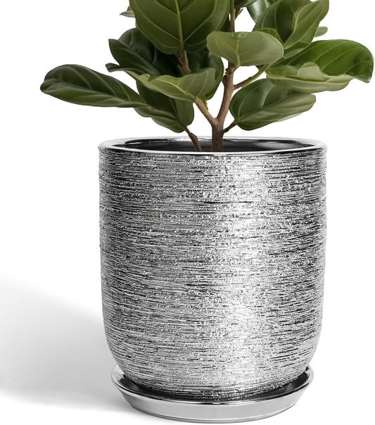 10 Inch Plant Pot - Ceramic Planter for Indoor Outdoor Flowers, Cylinder Modern Flower Pot with Drainage Hole and Saucer, Gifts for Plants Lovers, Home Garden Office House Decor, Silver