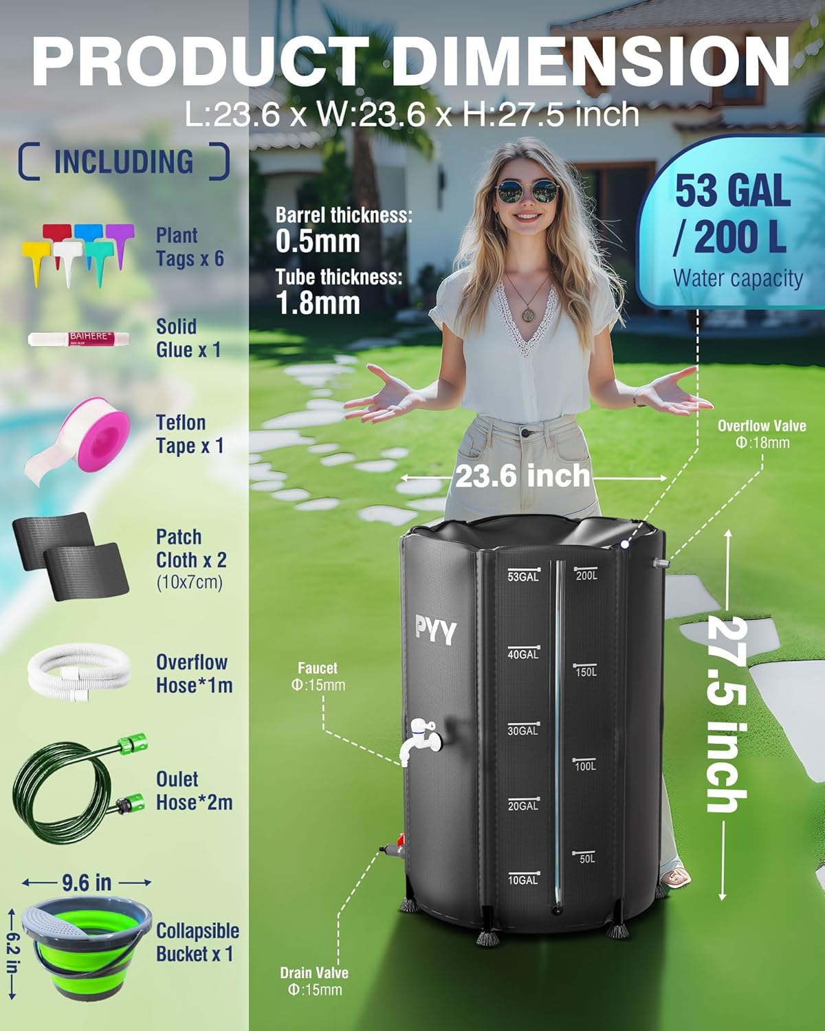 PYY Rain Water Collection Barrel - 53 Gallon Black Water Storage Tank with Spigot, Hose and Portable Bucket, Large Plastic Collapsible Rain Catcher Catchment System to Collect Rainwater from Gutter