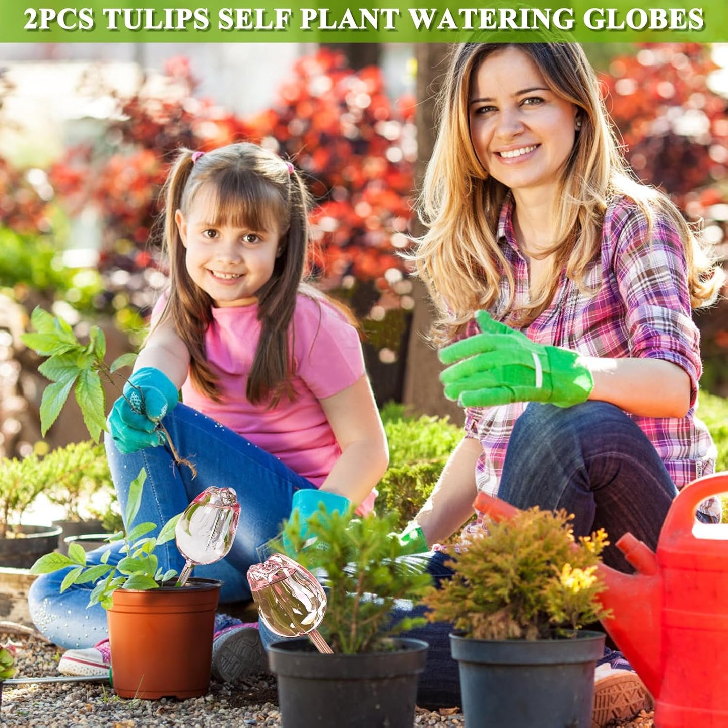 2Pcs Tulips Self Plant Watering Globes, Glass Self Watering Planter Insert, Automatic Plant Waterer Devices Indoor Outdoor (Pink)