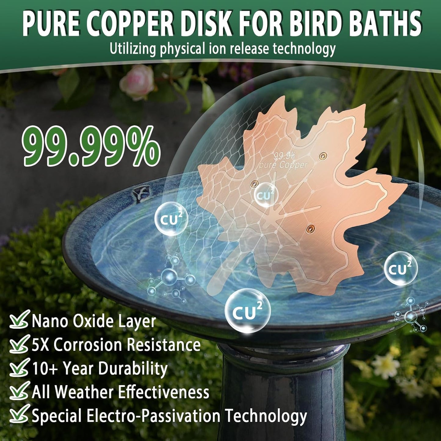 99.99% Pure Copper Bird Bath Disk, 2 Pack 0.6mm Maple Leaf Bird Bath Purification Disk with Triple-Point Support for Physical Safe Clean Water All-Season, Universal Fit for Outdoor Birdbaths, Bowl