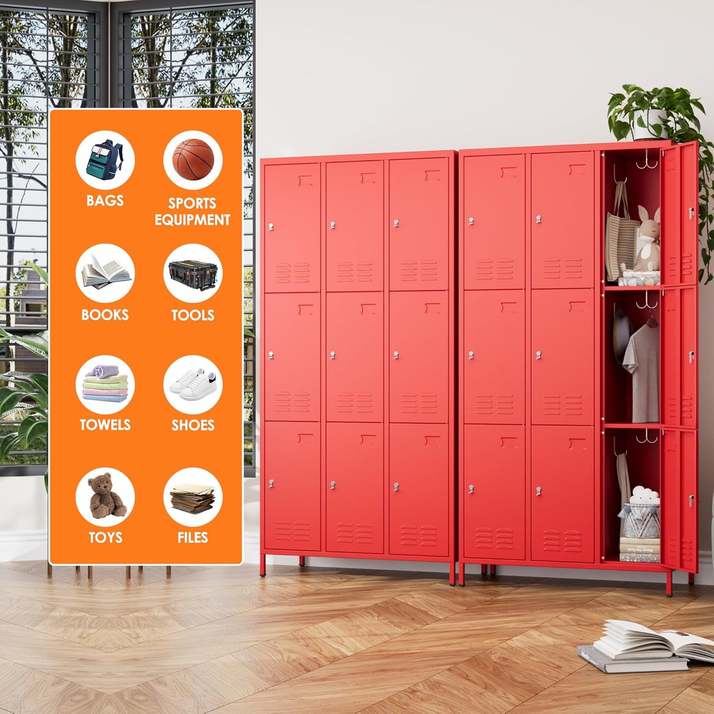 9 Doors Metal Lockers for Employees with 27 Hooks, Storage Locker with Business Card Holder for Office Gym School Bedroom, Assembly Required, Red