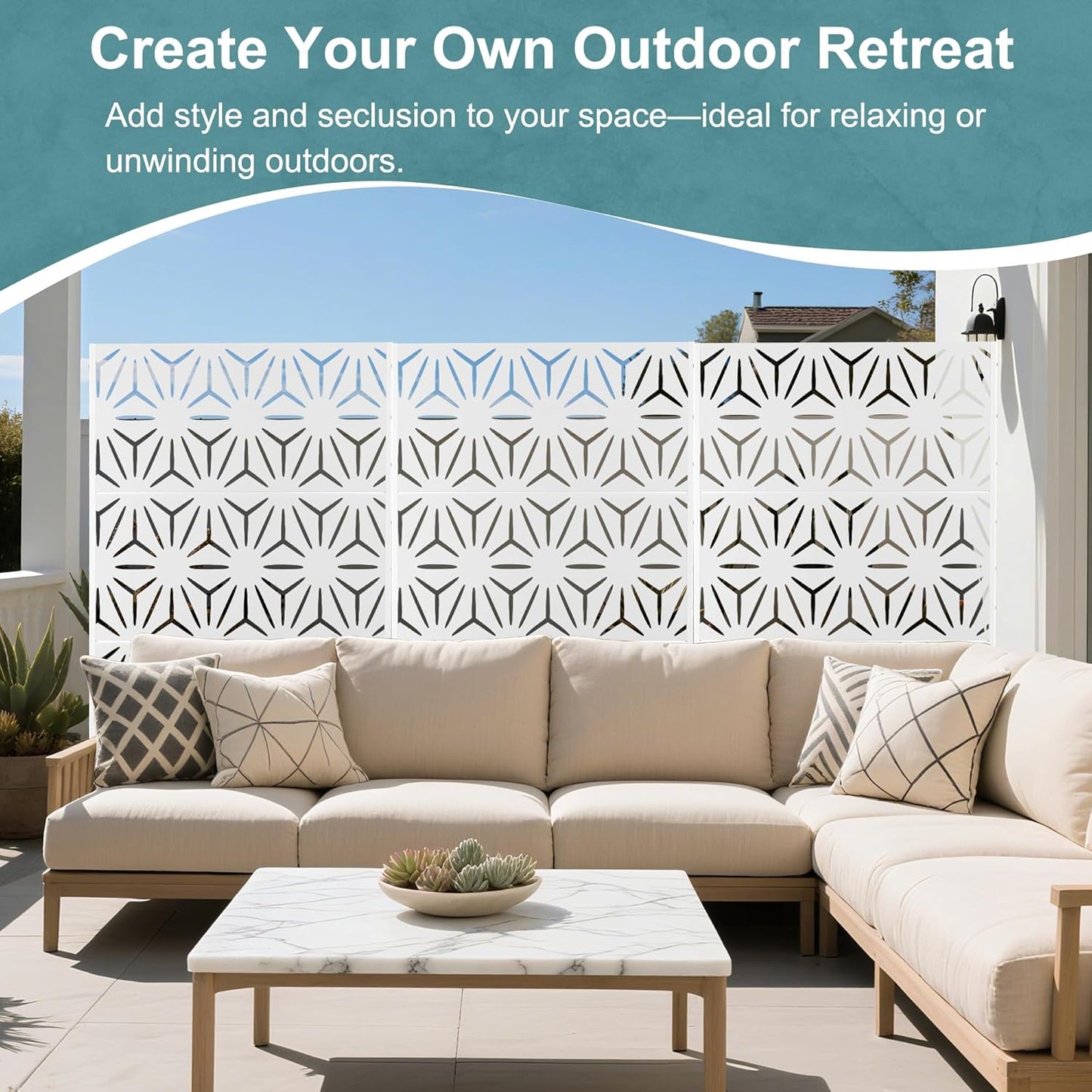 Metal Privacy Screen Outdoor Freestanding Privacy Wall Panels and Decorative Patio Dividers, Crafted from Steel with Sun-Proof Design, Ideal for Patio, Deck, Garden,72" H×47" L,（White&Star）