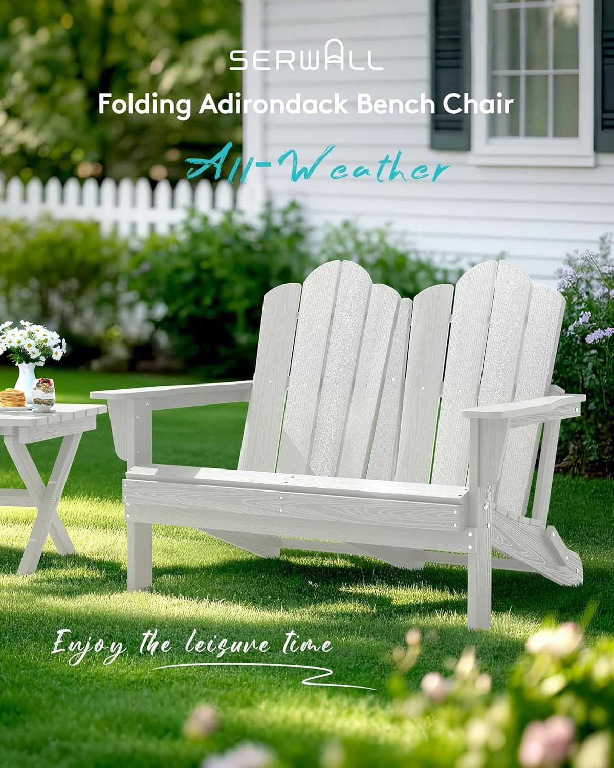 SERWALL Folding Adirondack Bench Set of 2, HDPE All-Weather Adirondack Loveseat, Folding Outdoor Bench, Whire