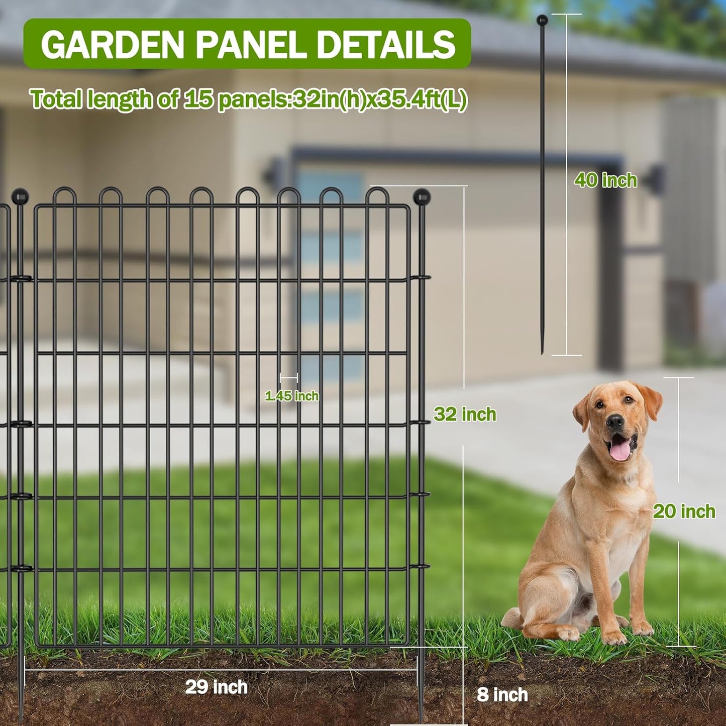 15 Panels No Dig Decorative Garden Fence with Gate for Yard, 32 in(H) X 35.4 ft(L) Animal Barrier Fencing for Outdoor Dog, Metal Portable Garden Fences for Borders, Pets, Landscape, Temporary Fence