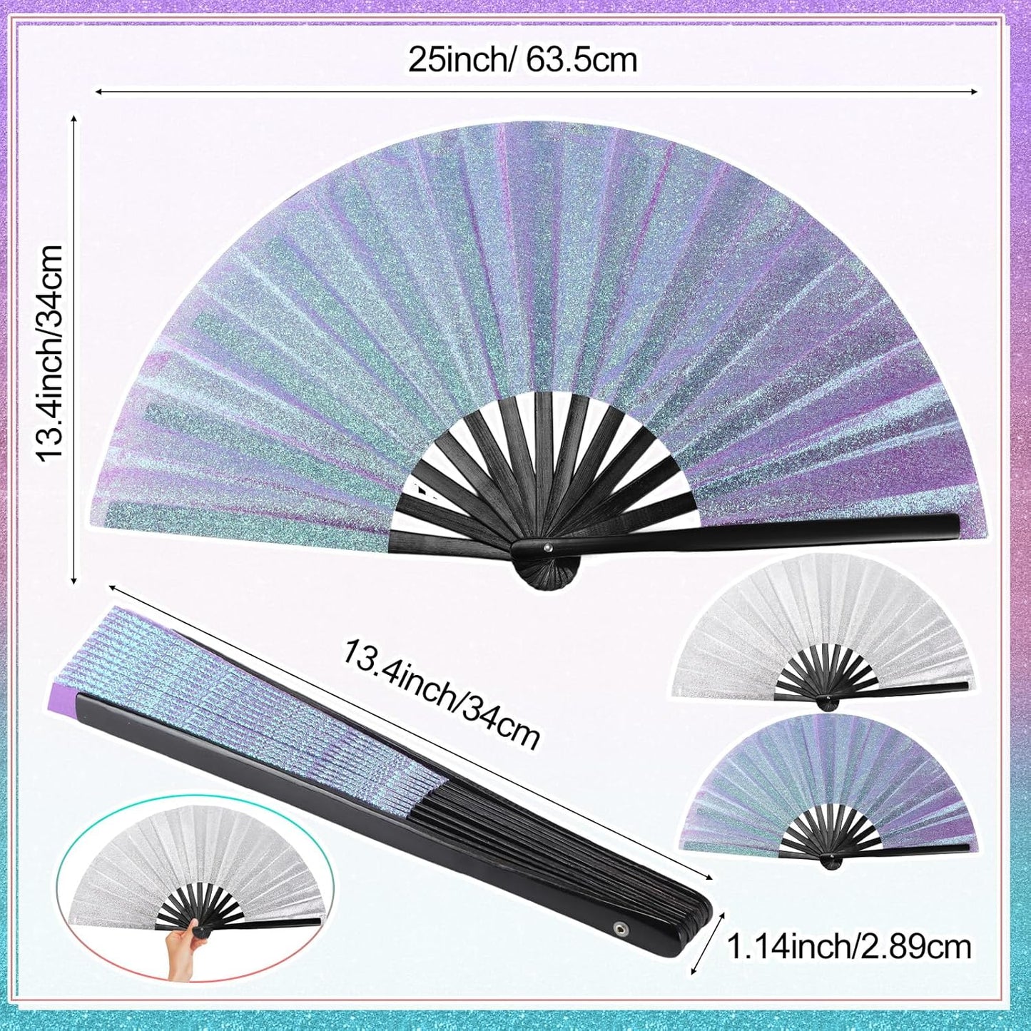 Maitys 2 Packs Large Clap Fans for Line Dancing Large Chinese Folding Hand Fans for Men and Women, Festival, Tai Ji, Kungfu, Martial Art, Gifts (Glitter Sliver and Purple)