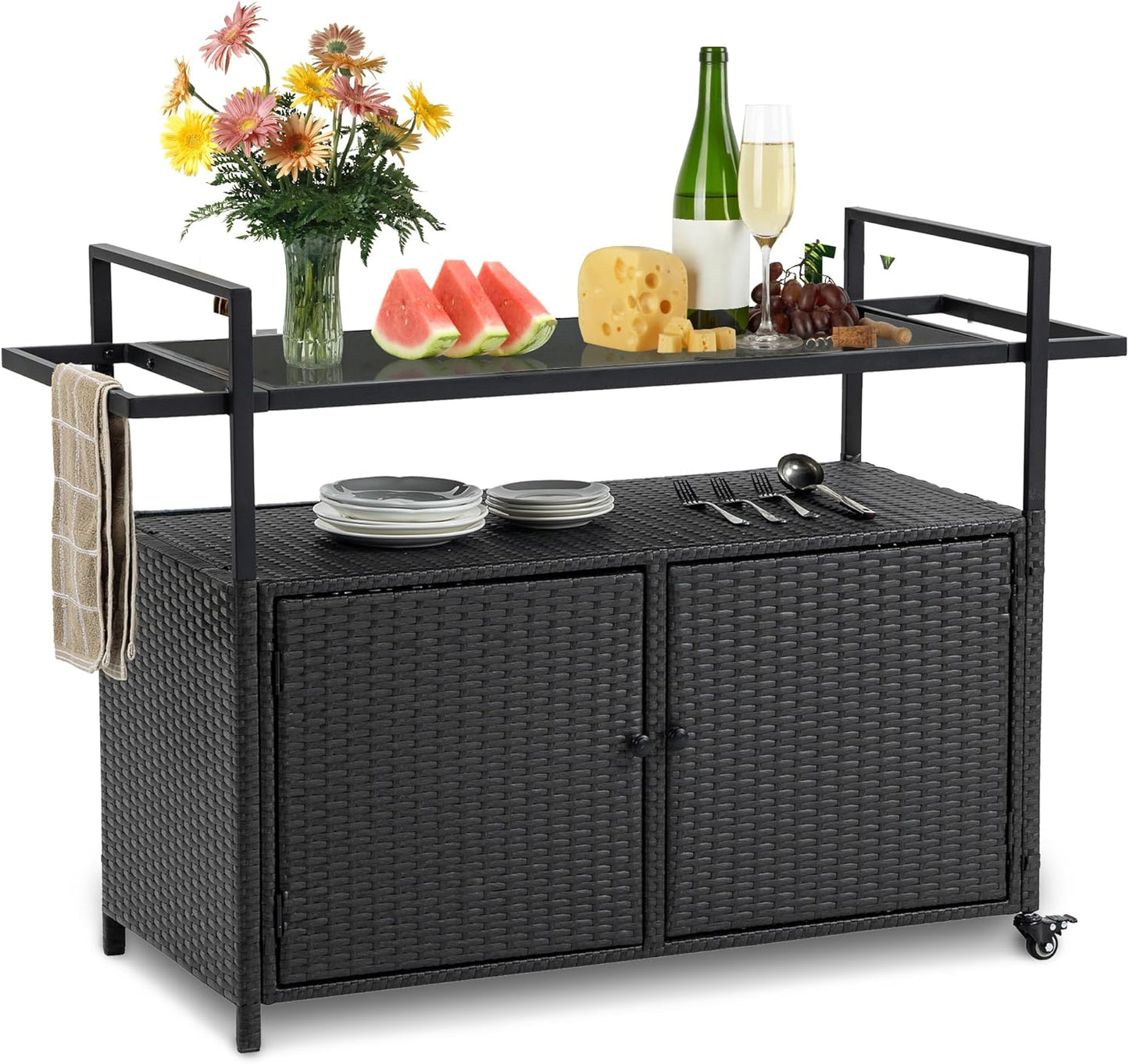 Wicker Outdoor Bar Cart - Black Patio Console Storage Table Buffet Cabinet Serving Kitchen Cart with Wheels for Outside Backyard