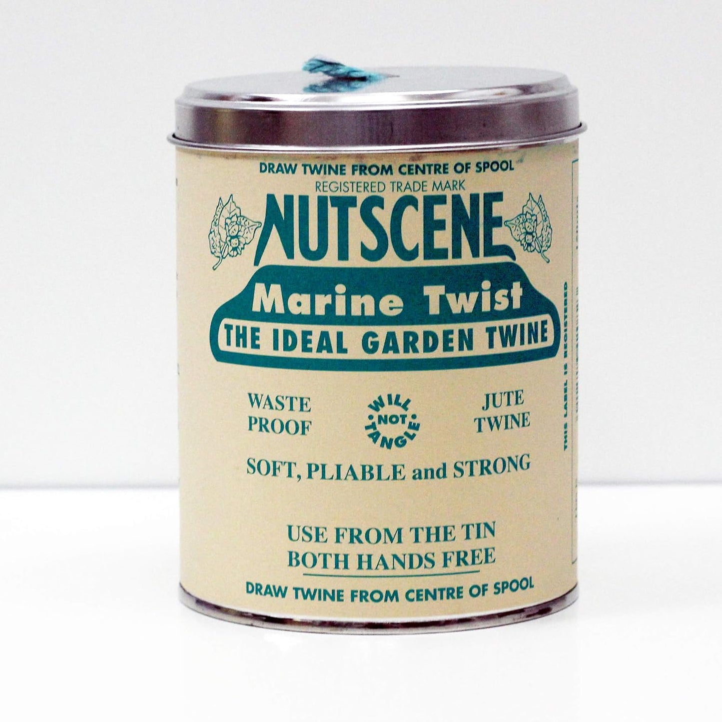 NUTSCENE Iconic Tin (Tin ‘O’ Twine) with Their Heritage Scottish Jute Twine and Hole in Top for Easy Dispensing. 14 Colors to Choose from. 164 Yards. Turquoise (Marine Blue)