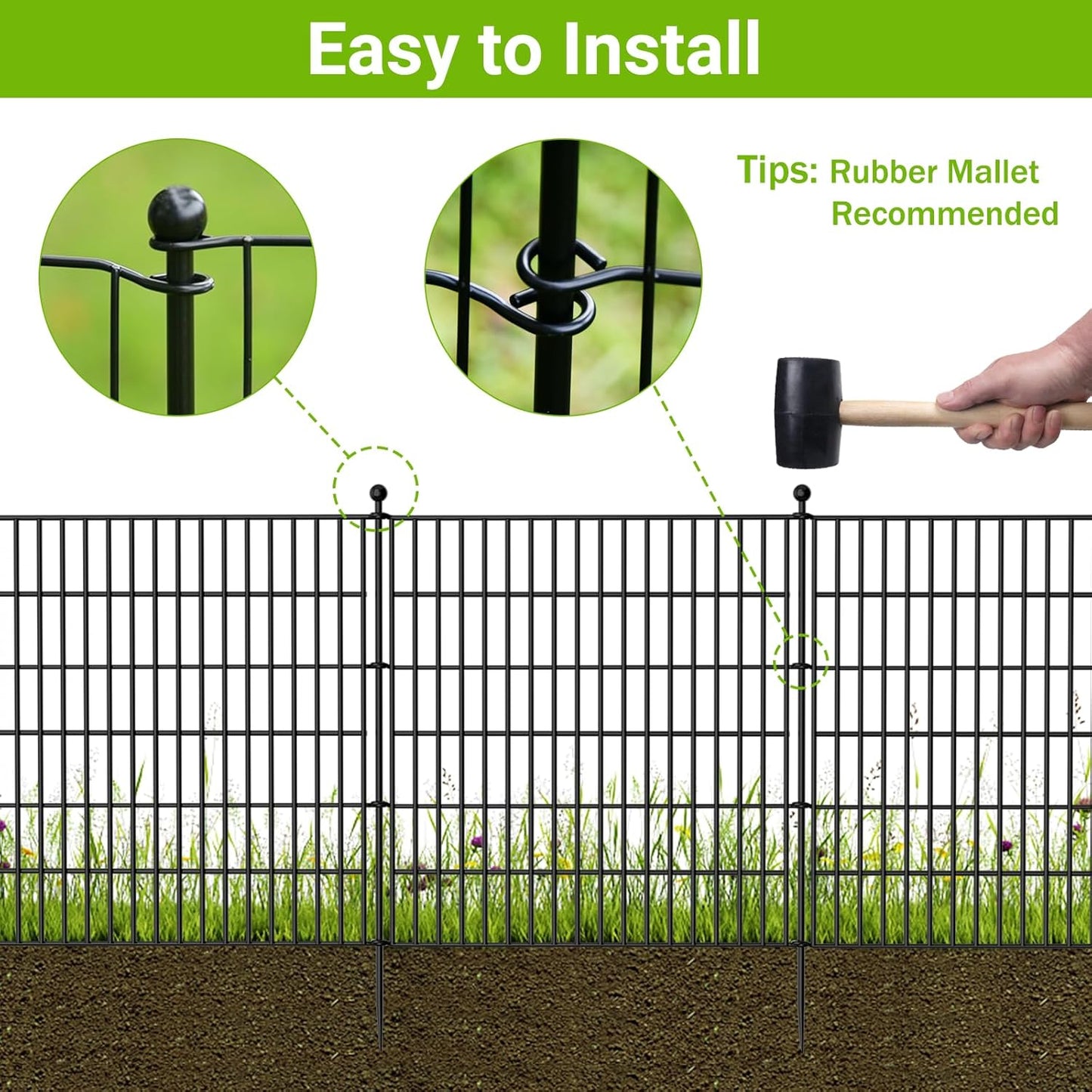 25 Panels No Dig Decorative Outdoor Garden Fence for Yard with Gate, 32 in(H) X 59 ft(L) Animal Barrier Fencing Rustproof Metal Wire Panel Border for Dog, Rabbits, and Patio Temporary Ground Stakes