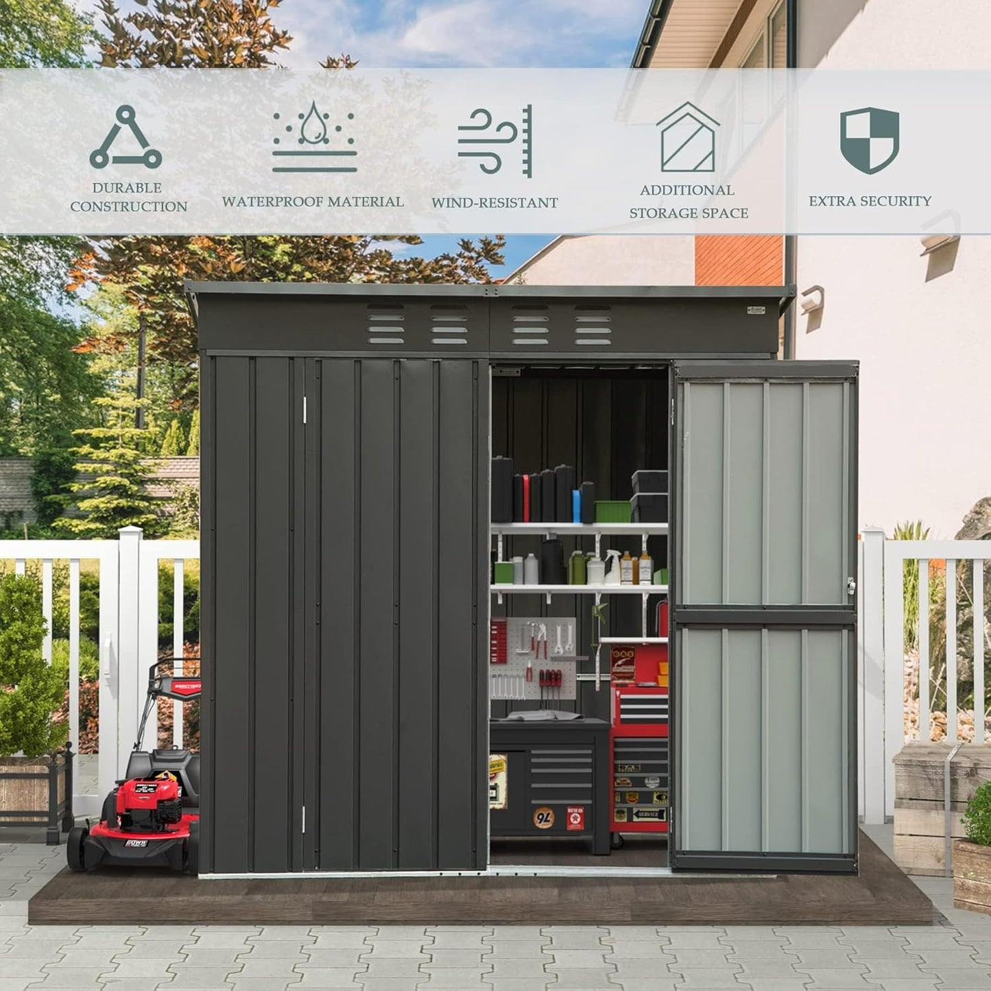 Domi Outdoor Storage Shed 5' x 3’, Metal Garden Shed with Galvanized Steel Frame for Bike, Tools, Lawn Mowers, Pool Toys, Outdoor Storage Cabinet with Lockable Door for Garden Lawn Patio (Dark Grey)