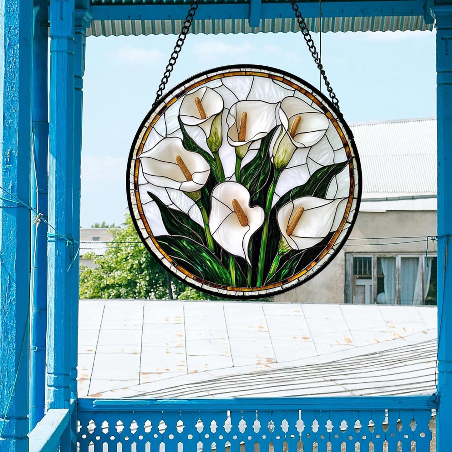 Stained Glass Window Hanging, White Calla Lily Flowers Sun Catchers Glass Panel Plant Suncatcher Decor for Birthday for Women, Men, Wife, Aunt, and Mom 14.9x14.9 in