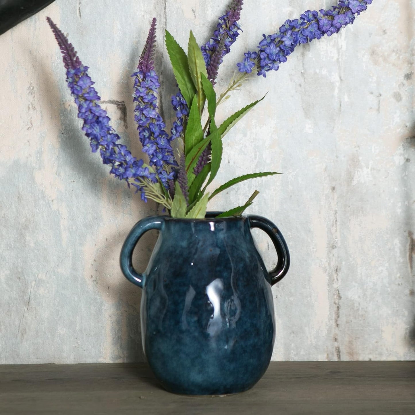 Blue Ceramic Vase with 2 Handles, Modern Farmhouse Decor, Rustic Terracotta Pottery, Decorative Flower Vases, Clay Small Vase, Centerpiece for Dining Table - 7 Inch Tall