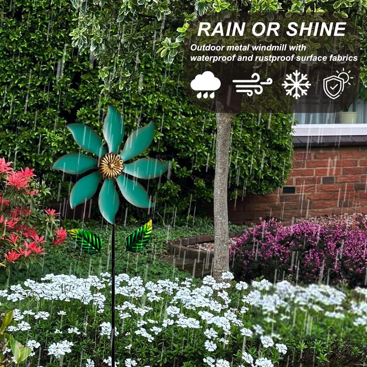 Metal Wind Spinners for Outdoor Decor - 35inch Tall Kinetic Wind Sculptures with 10inch Diameter, Durable Yard Art for Garden, Patio, Lawn - Weather-Resistant Garden Pinwheels in Vibrant Cyan