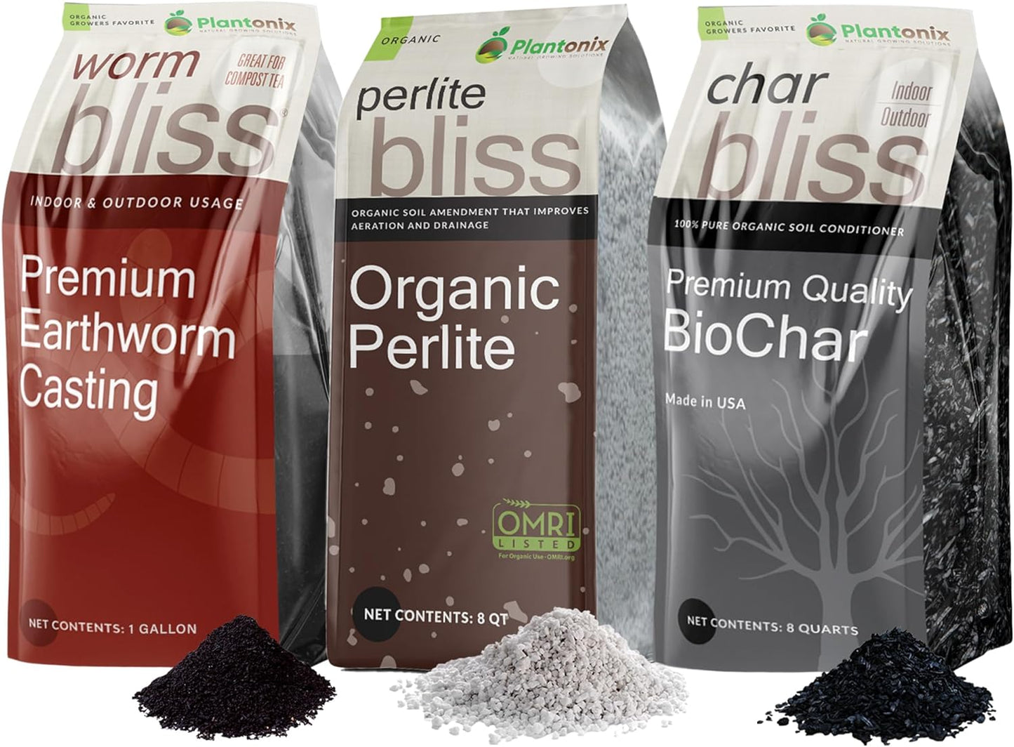 Perlite Bliss + Char Bliss + Worm Bliss - Organic Perlite for Plants - Worm Castings Garden Fertilizer - Biochar Horticultural Charcoal - 100% Organic Soil Amendments - Garden Soil & Potting Soil Mix