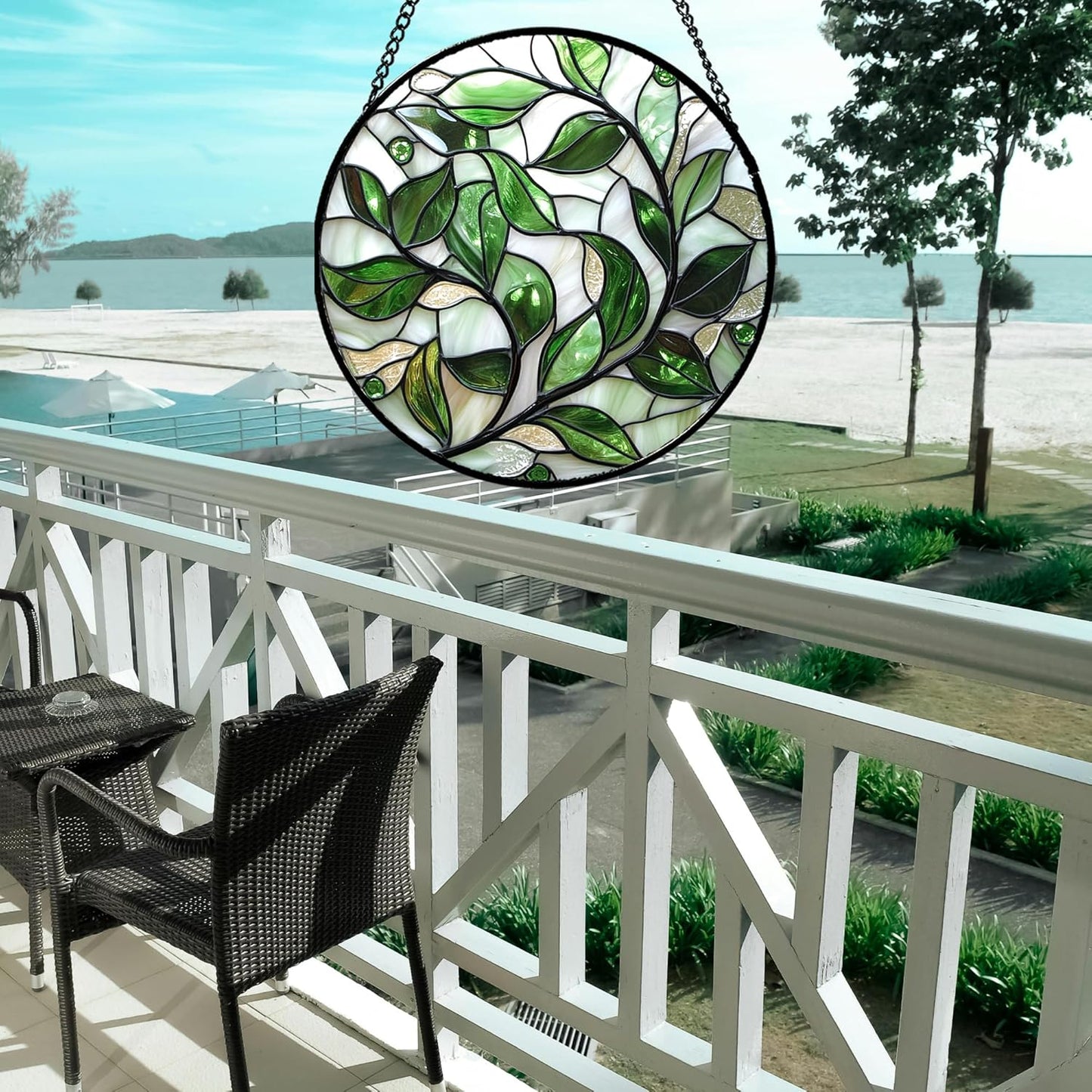 Stained Glass Window Hanging - White Green Leaves Suncatcher for Doors Window Home Plant Sun Catchers Decor Christmas Mother's Day Birthday Gifts for Teacher Women Men Mom Nana 15 in