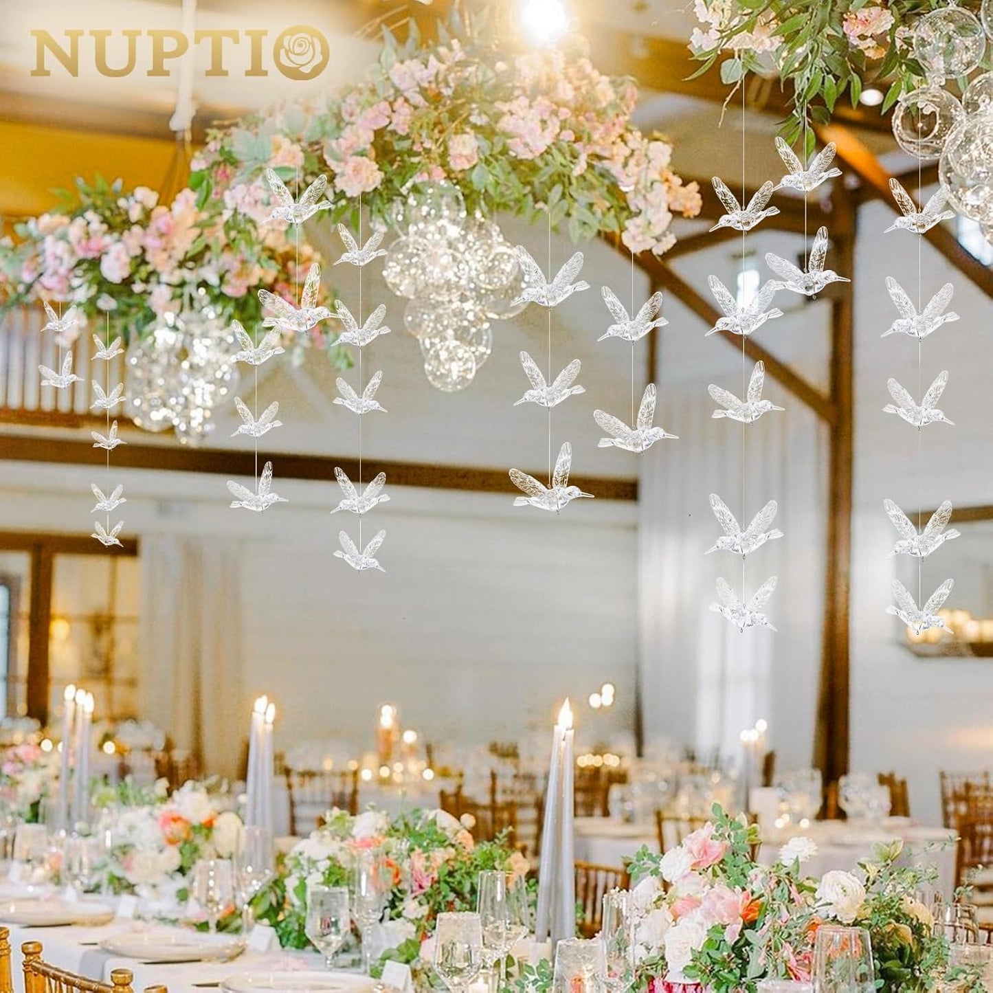 NUPTIO Crystal Ceiling Hanging Ornaments: 100 Pcs Acrylic Flying Birds for Wedding Party Window Garden Bedroom Outdoor Birthday - Christmas Tree Decorations with Transparent Line