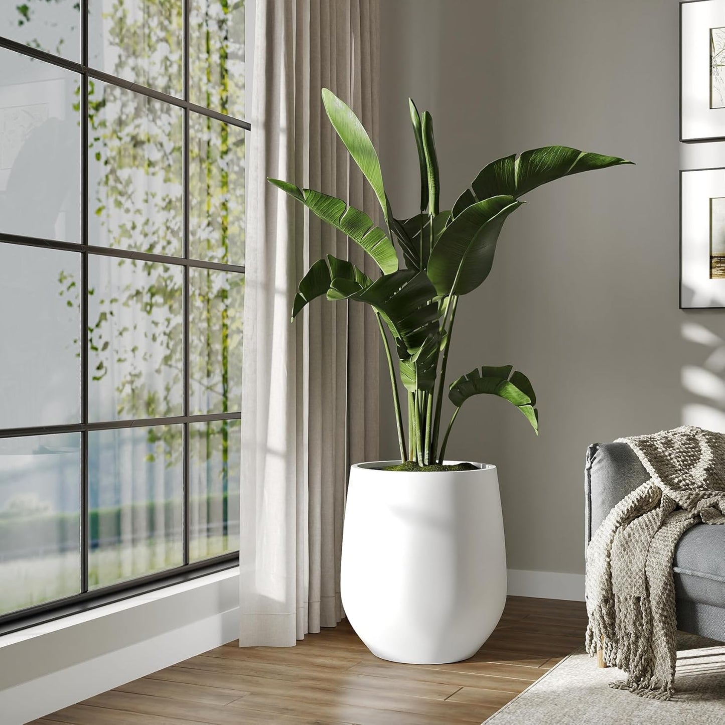 DTY Signature Mount Wilson Lightweight and Durable Modern Fiberstone Tapered Planter for Indoor Outdoor Drainage Hole & Rubber Plug Weather Resistant, 21.7" H x 20" Dia,15.7" Opening - Large, White