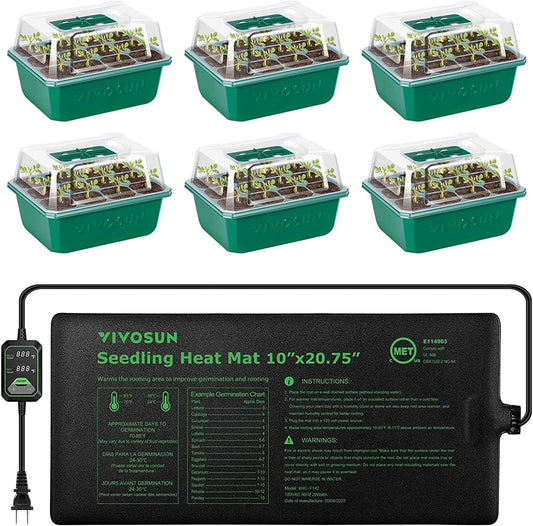 VIVOSUN 6-Pack Seed Starter Trays with 10"x20.75" Seedling Heat Mat, Self-Adjusting Dual Digital Display Temperature Controller, 72-Cell Seed Starter Kit with Humidity Dome, Reusable Propagation Trays