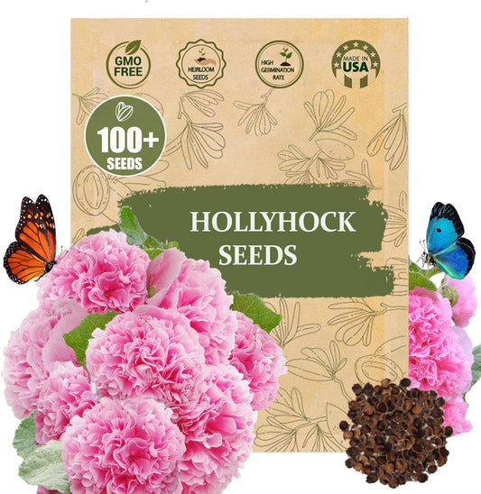 Premium Rare Hollyhock Seeds – 100+ Double Pink Hollyhock Flower Seeds – Non-GMO, Heirloom Perennial – Showy Blooms for Outdoor Planting (Double Pink Hollyhock)