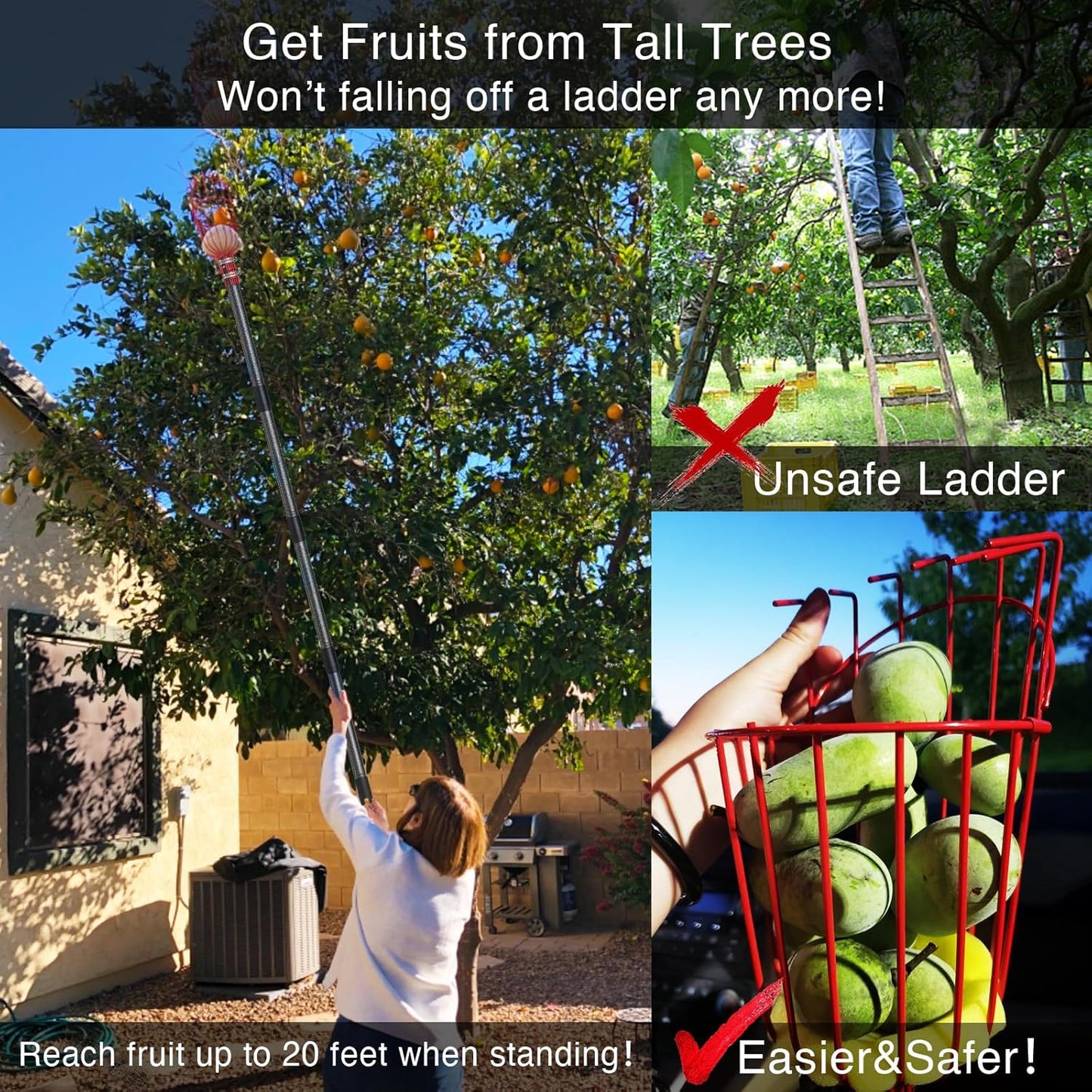 DonSail Fruit Picker Pole Tool with Basket Telescoping - Adjustable Mango Picker 35-120 inch Long Handle - Apple Orange Avocado Acorn Lemon Pear Pomelo Chery Picker for Tree