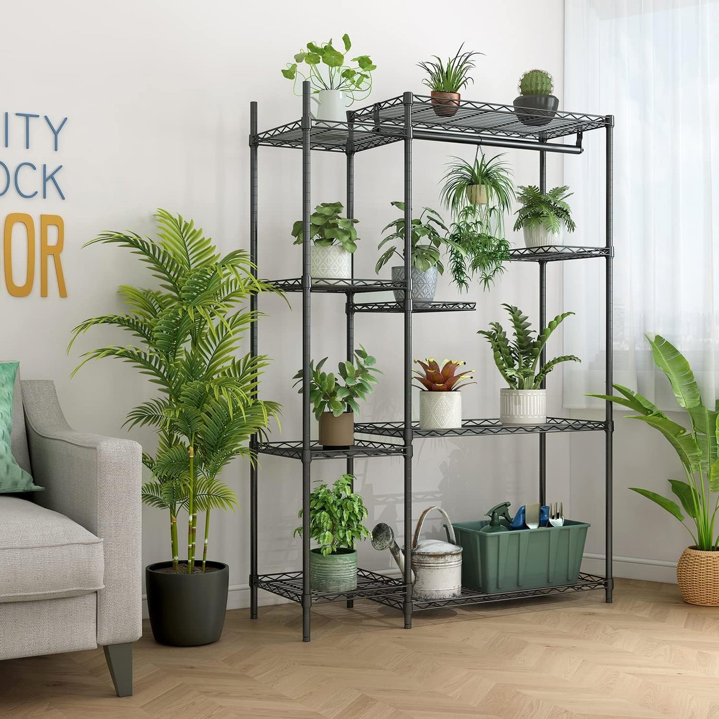 Xiofio Plant Stands for for Indoor Outdoor, Heavy Duty Metal Plant Stand,large Plant Shelf,Adjustable Plant Shelves With Hanging Rod for Living Room,Balcony,Garden,Black