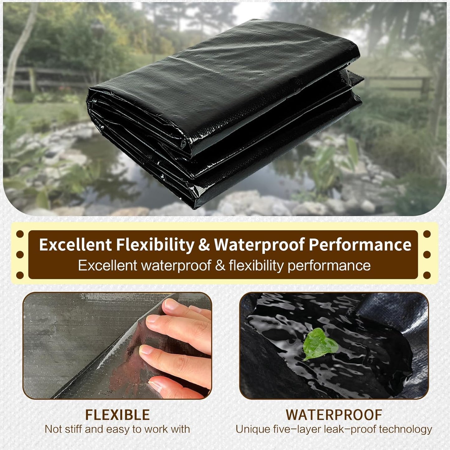 yeezoo 10X10FT Reinforced PE Pond Liner, KOI Pond Liners for Outdoor Ponds, Enhanced 5-Layer Structure Pond Liner for Fish, Duck, Garden Raised Bed and Waterscape Pond(0.63oz/sq ft Thickness)