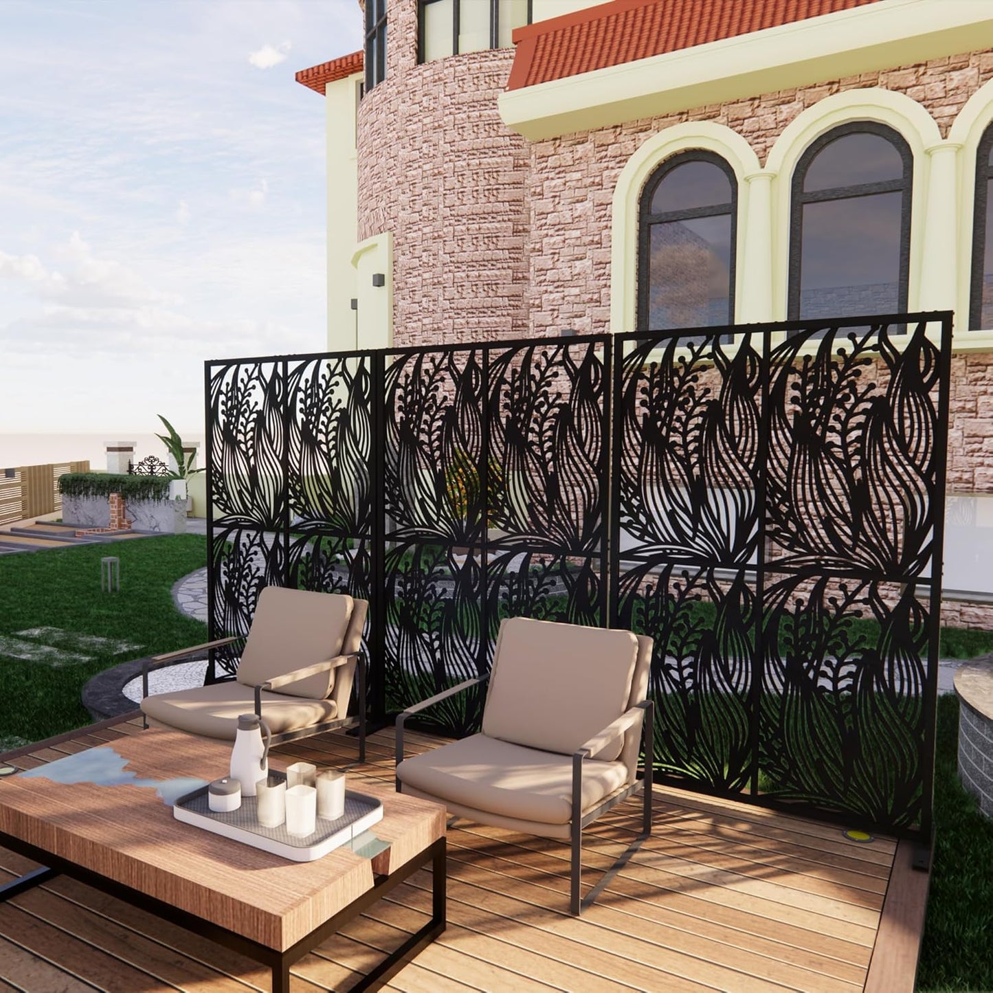 2 Pack Metal Privacy Screens 72" H Outdoor Privacy Screens Panels Outdoor and Indoor Leaf Pattern Divider for Balcony Patio Garden Room Divider(Black,2 Pack