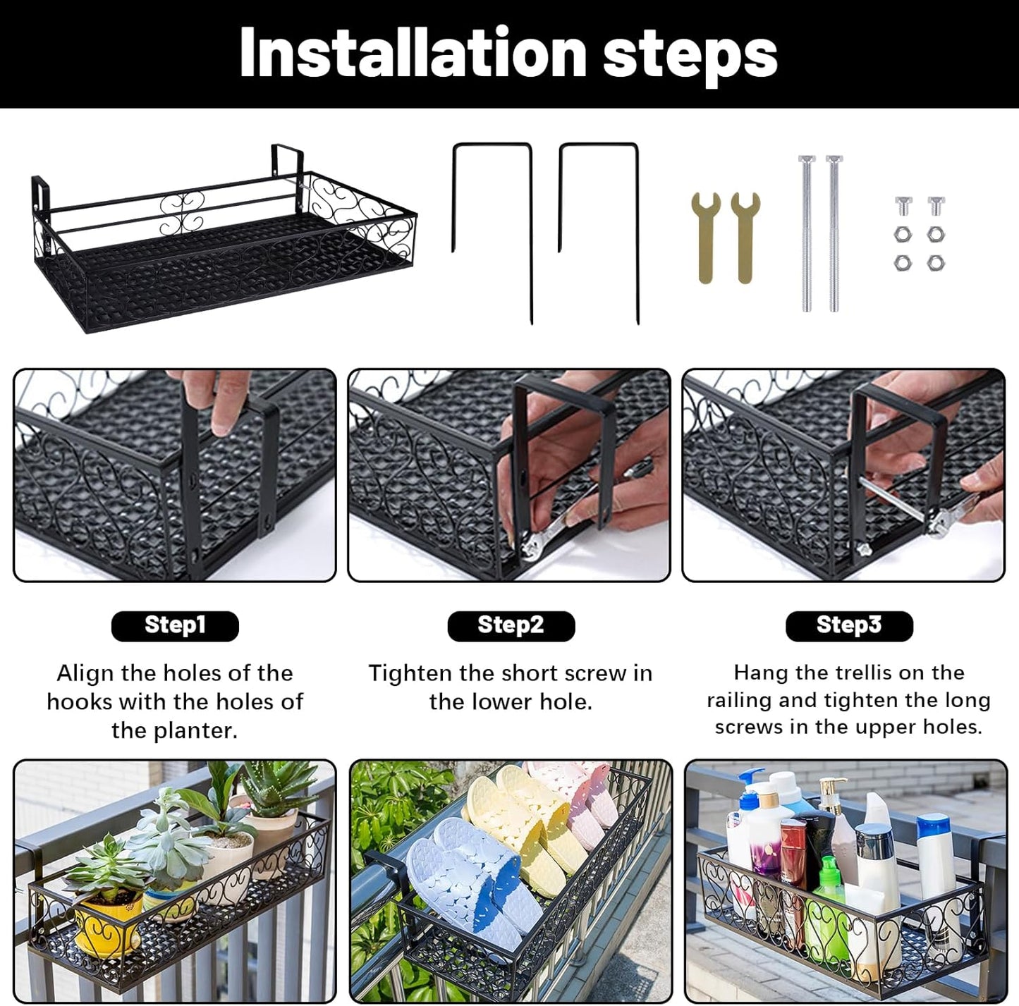 Metal Planter Flower Pot Holder Railing Shelf, Iron Balcony Planters Railing Hanging Bucket Pot Flower Holder with Hooks for Outdoor Garden Porch Patio(Black, 23.6 x 7.8 x 4.7 Inch)