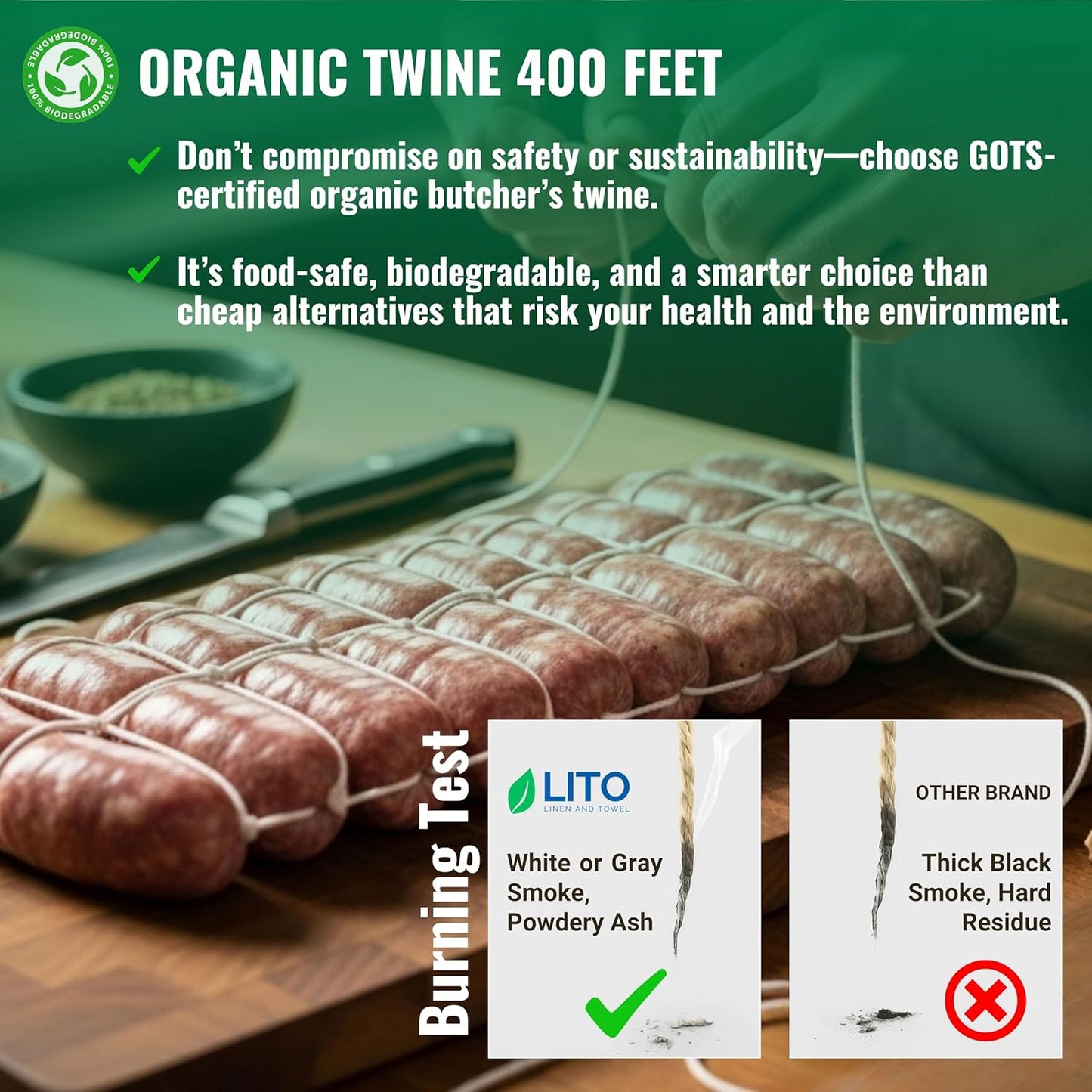 Organic Butcher’s Twine for Cooking & Trussing – 1.2mm Heavy-Duty Natural Cotton Kitchen Twine 400 Feet – Food-Safe, Oven-Safe String for Meat, Turkey, Baking, & Crafts