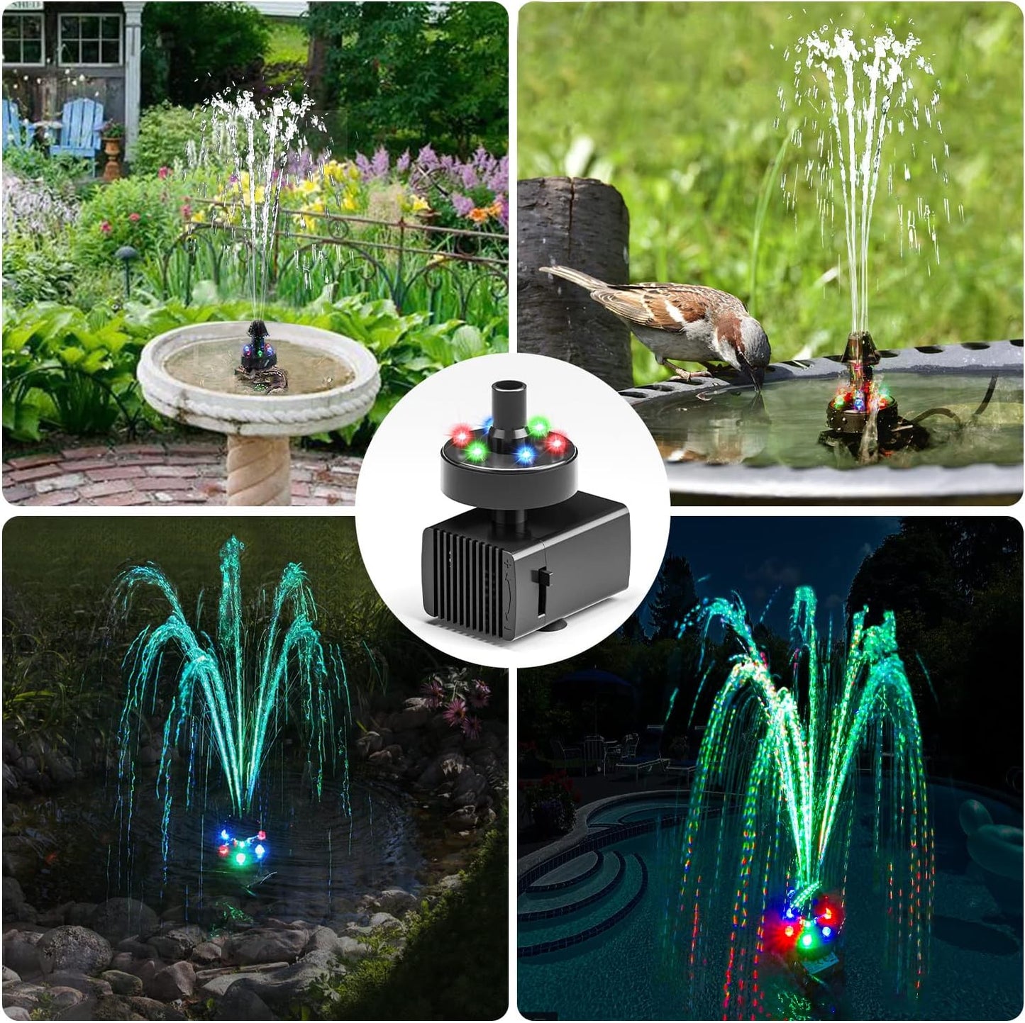 24-Hours Working Bird Bath Fountains Electric, Adjustable Quiet Water Fountain Pump with LED Lights for Garden,Small Fish Tank, Pond,Water Features - 7 Nozzles,16.4Ft Power Cord