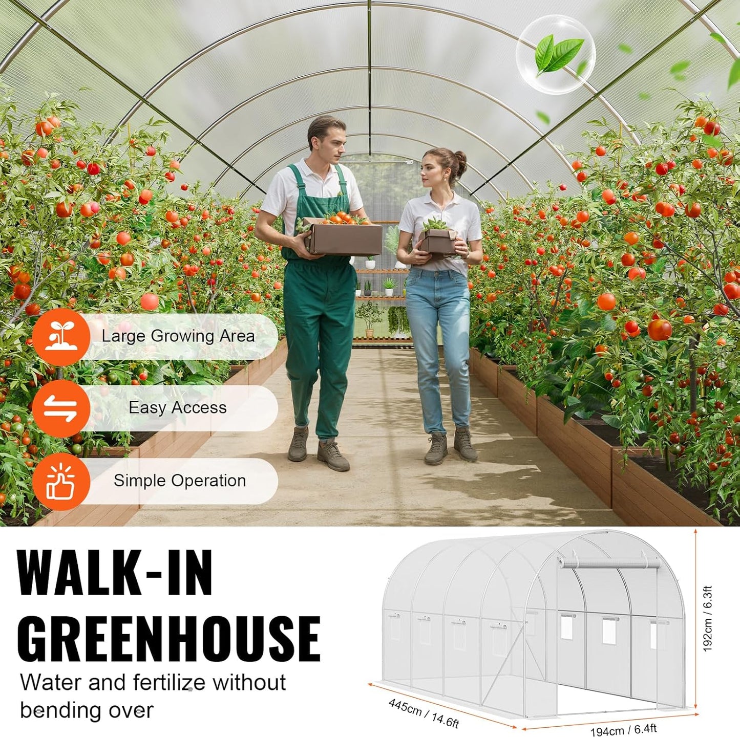 VEVOR Walk-in Tunnel Greenhouse, 14.6x6.4x6.3 ft Hoop House Greenhouse Tunnel, Plant Hot House with Galvanized Steel Frame, White PE Cover, Roll-up Zipper Door and 8 Windows for Outdoor