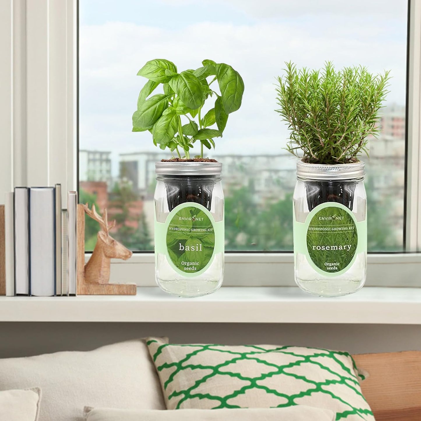 2-Pack Hydroponic Mason Jar Herb Garden Kit, Indoor Herb Garden Self-Watering Starter Kit (Basil,Rosemary)