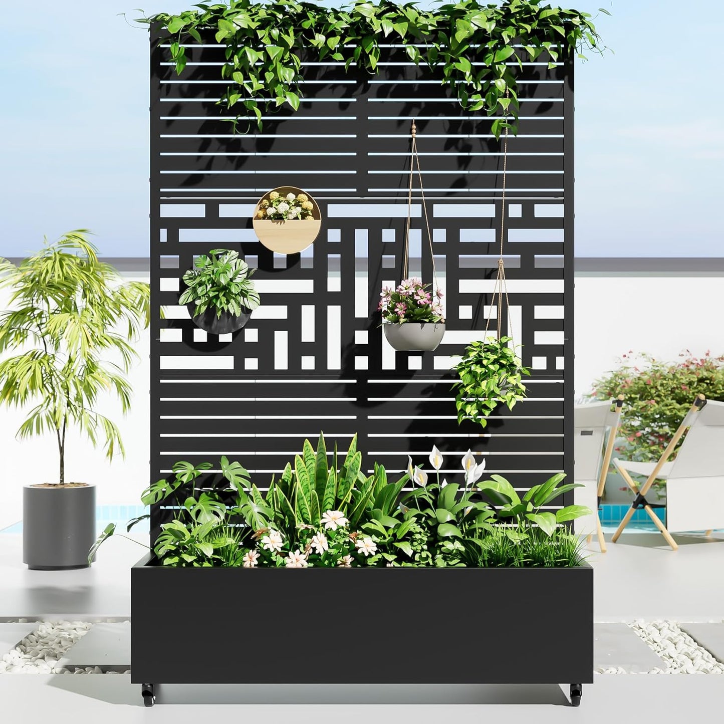 Casaphoria Metal Raised Garden Bed with Trellis and Wheels, 72"x47"x16" Planter Box for Climbing Plants, Vegetables & Vines, Features Drainage Holes and Privacy Screen, Black(Louvered&Helen)