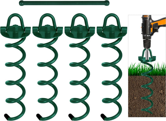 FEED GARDEN 12.2 Inch Spiral Ground Anchors Heavy Duty Screw in Spiral Stakes 4 Pack Folding Ring Ground Stakes for Securing Dogs,Tents, Trampolines, Canopies, Swing Sets,Green