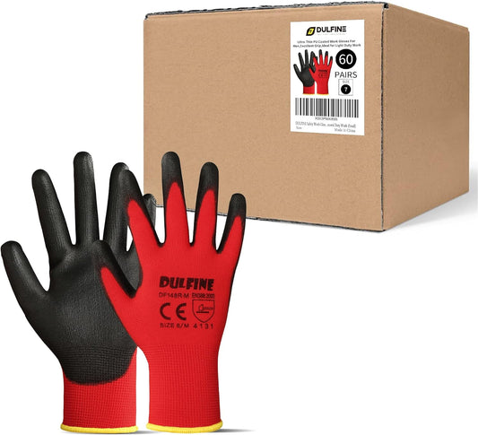 DULFINE Safety Work Gloves PU Coated-60 Pairs,Red Seamless Knit Glove with Polyurethane Coated Smooth Grip on Palm & Fingers, for Men and Women, Ideal for General Duty Work (Medium)