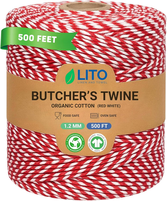 Red and White Organic Twine Cotton String - 500 Feet Wrapping, Baking, Butcher, Crafts, DIY Projects, Easter, Christmas