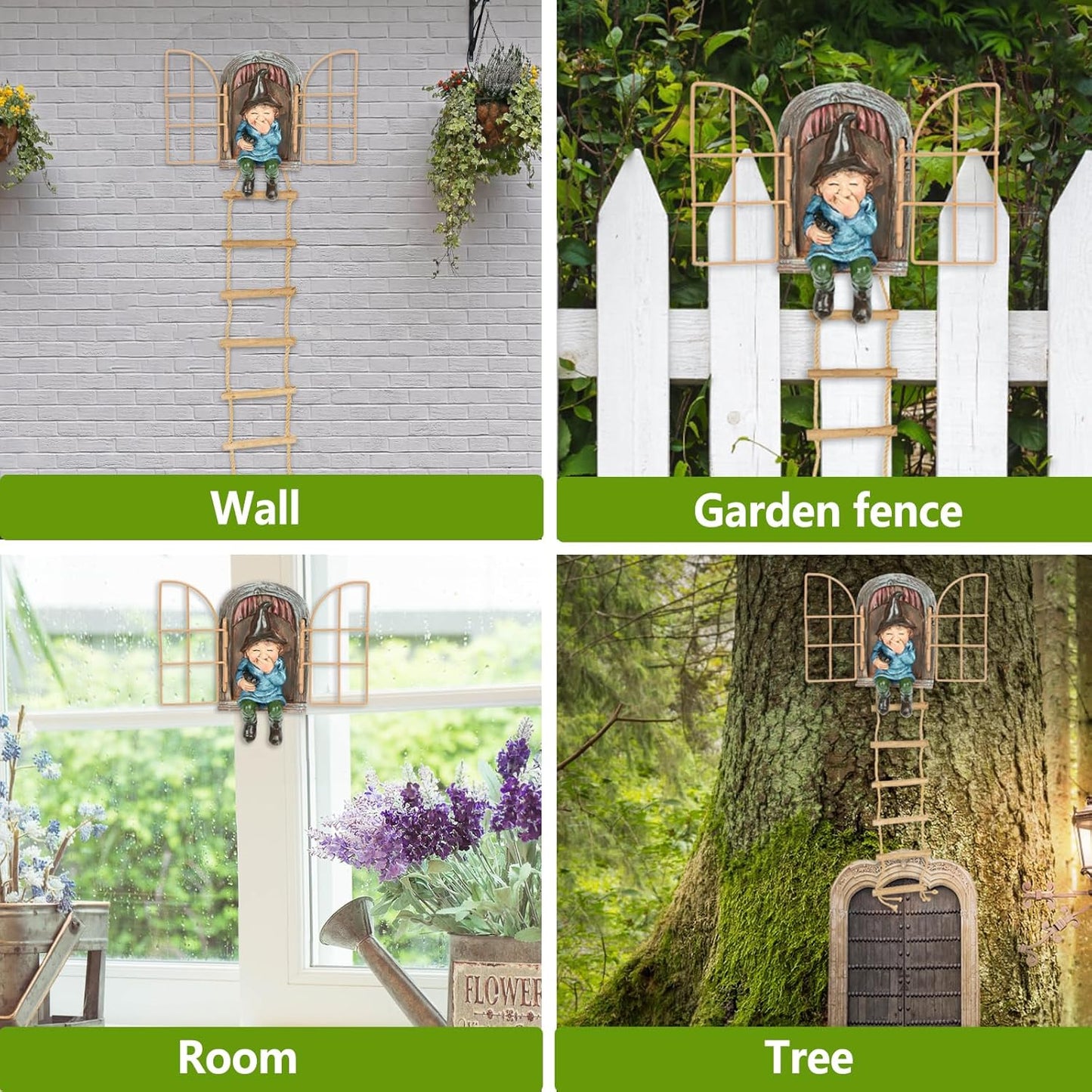 Garden Gnomes Decoration Outdoor Tree Faces Decor with Hanging Ladder for Yard, Elf Out The Door Tree Hugger Resin Garden Sculpture Peeker Yard Art Ornament Whimsical Gnome Decor for Patio Yard Lawn