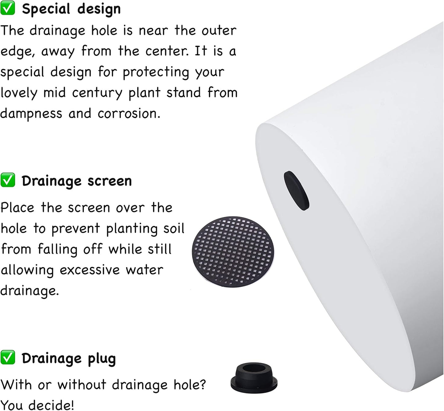 FaithLand Plant Pot 10 inch - Perfectly Fits Mid-Century Modern Plant Stand - Drainage Plug and Drainage Mesh Screen - Matte White Planter Pot - Upgraded
