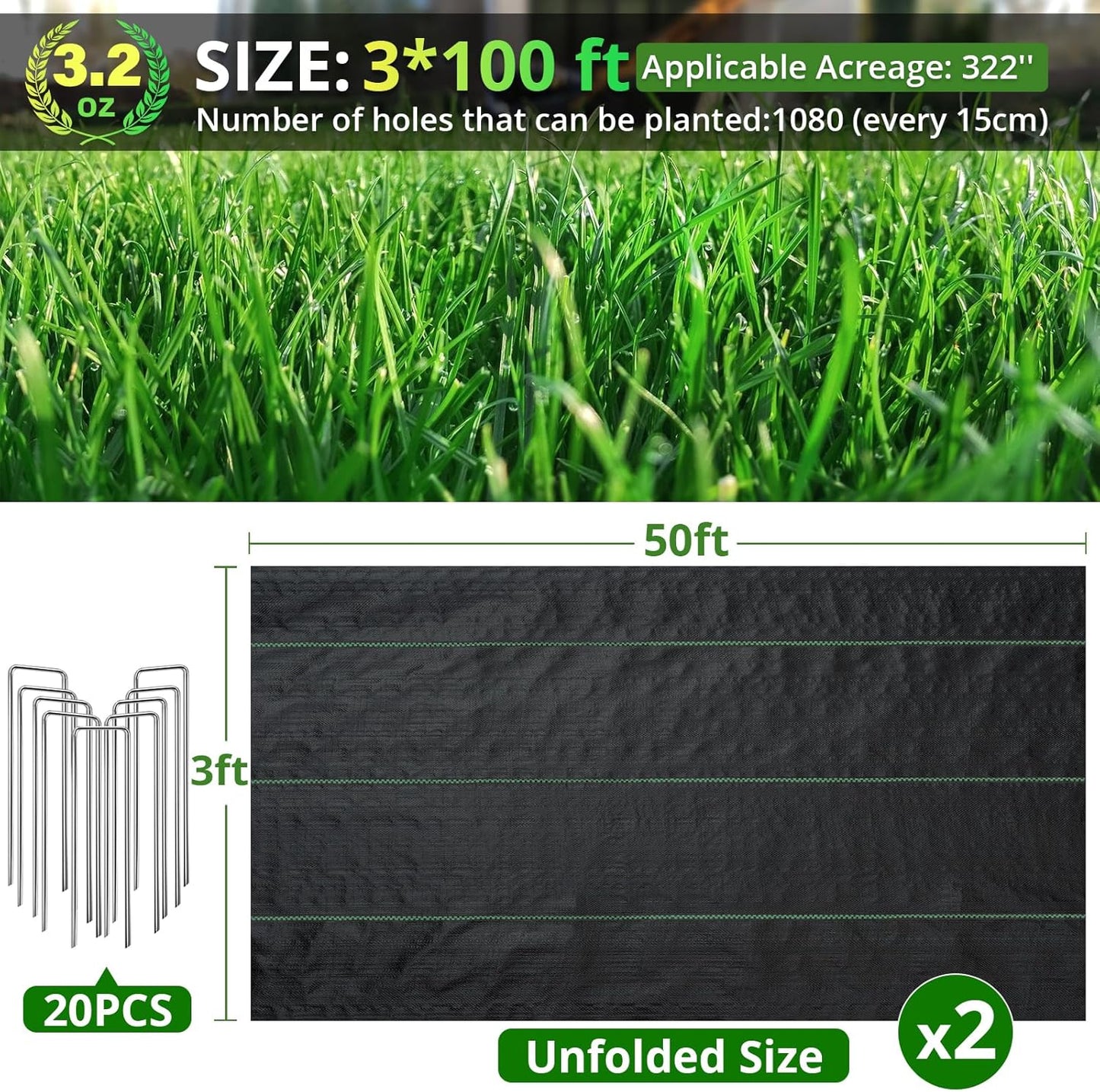 3ft x 100ft Weed Barrier Landscape Fabric, 3.2oz Heavy Duty Woven Geotextile with 20 U-Shaped Pegs & Pre-Printed Cutting Lines, Ground Cover Colth Garden Bed Liner for Landscape, Driveway, Greenhouse