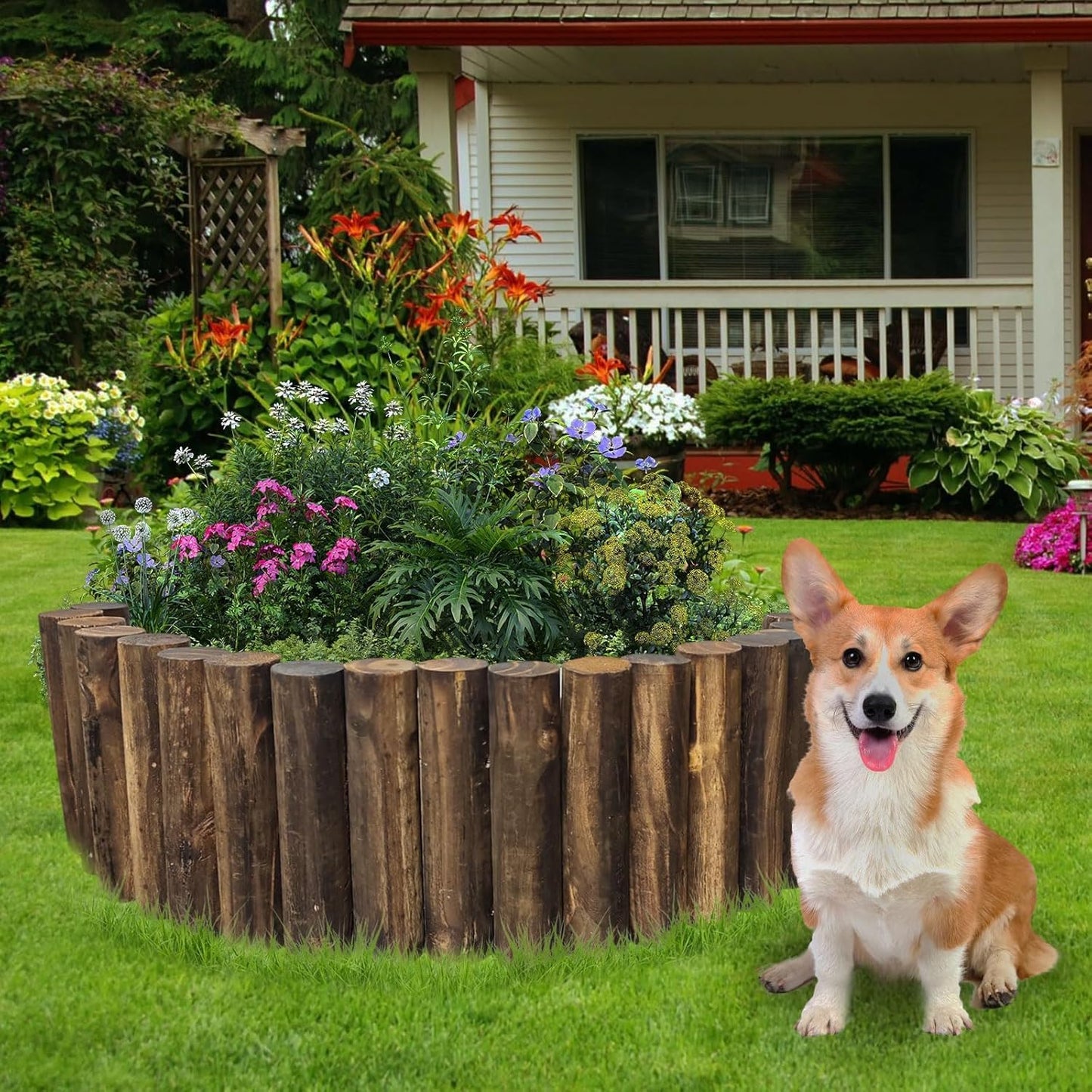 Wood Garden Fence, Natural Wooden Solid Log Edging Border Decorative for Flower Bed Barriers and Landscape Fencing (8PACK)