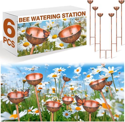 6 Pcs Bee Watering Station for Garden Bee Metal Watering Cups Butterfly Water Feeder Small Insects Bath Bowl Cups Metal Stakes for Outdoor Garden Decor, Copper