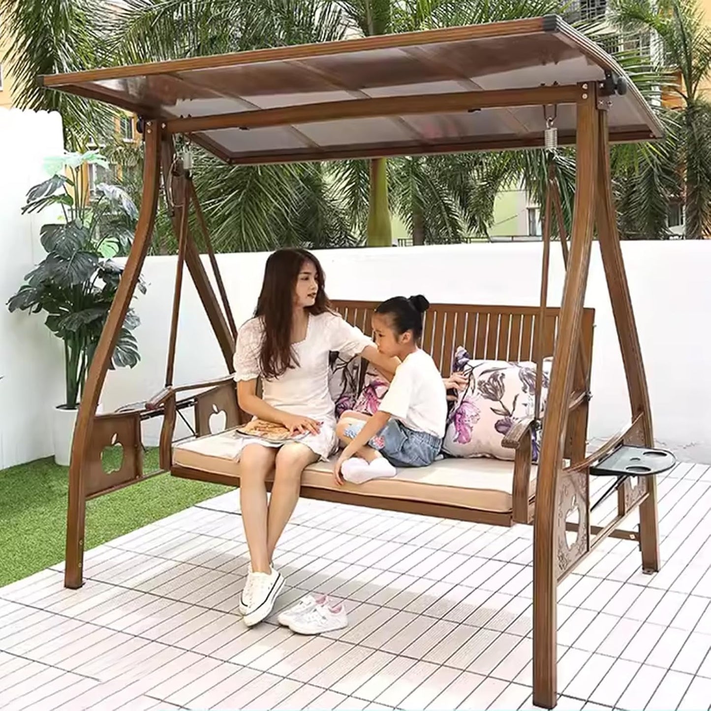 2/3-Seat Outdoor Patio Porch Swing with Adjustable Aluminum Alloy Canopy Solar Patio Swing Chair Bench with Footrest Side Cup Holder for Backyard Lawn (Elite Wood Grain-3 Seat)